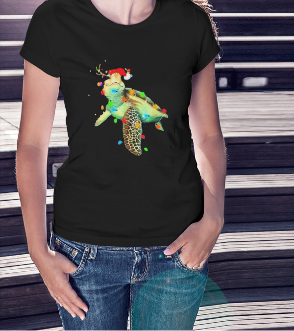 Sea Turtle Christmas Lights Santa Hat Merry Christmas T-Shirt