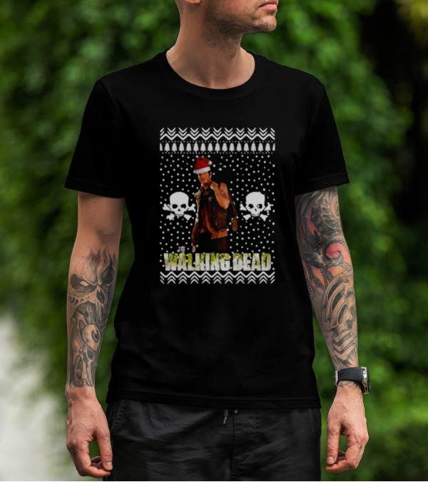 The Walking Dead Daryl Dixon Santa Hat Ugly Christmas Skulls T-Shirt