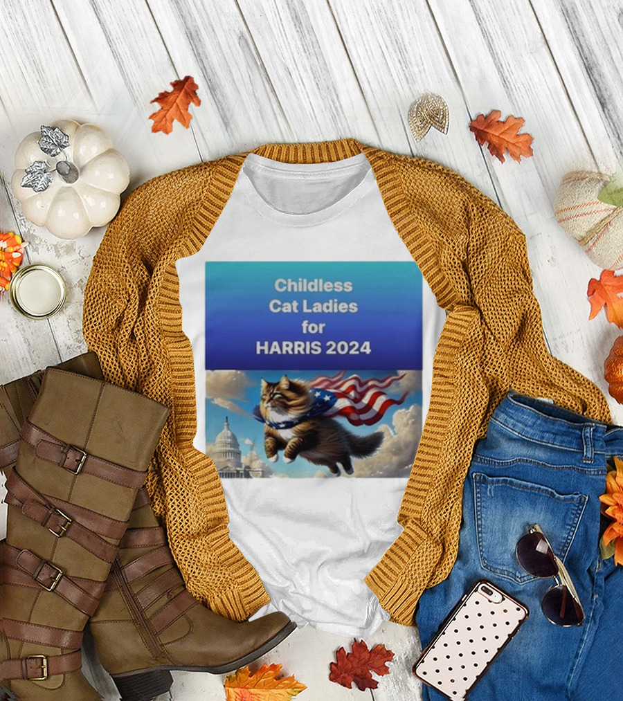 Childless Cat Ladies for Harris 2024 Lorenzo the Cat with American Flag Capitol Building T-Shirt