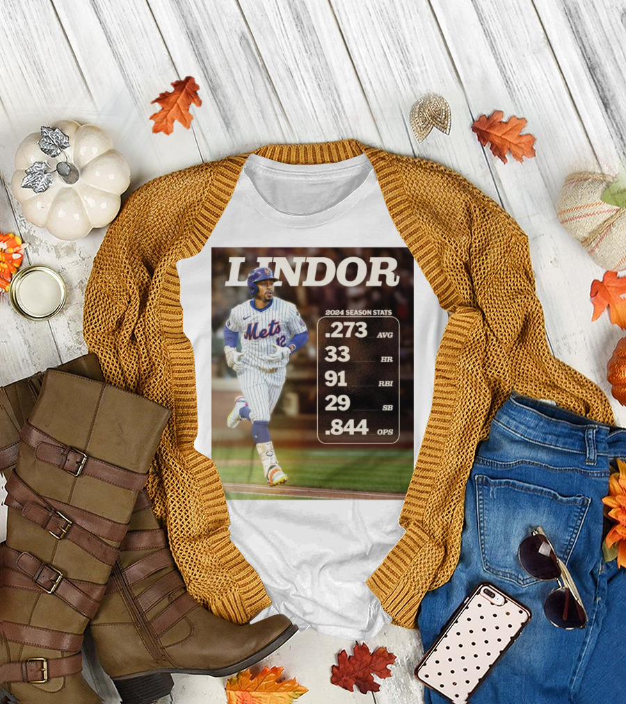 Francisco Lindor New York Mets 2024 Season Stats .273 AVG 33 HR 91 RBI 29 SB .844 OPS T-Shirt