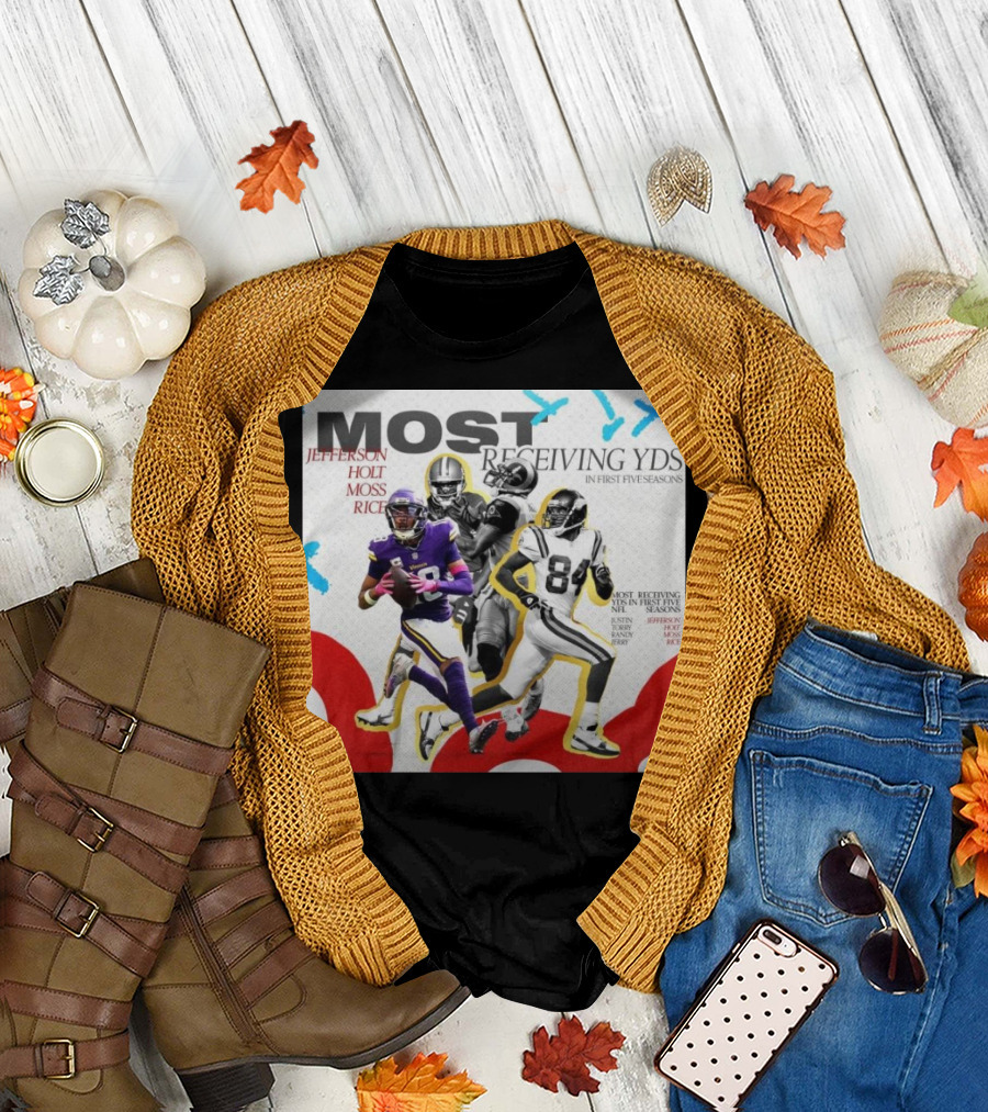 Justin Jefferson Most Receiving Yards In First Five Seasons Jefferson Holt Moss Rice Minnesota Vikings T-Shirt