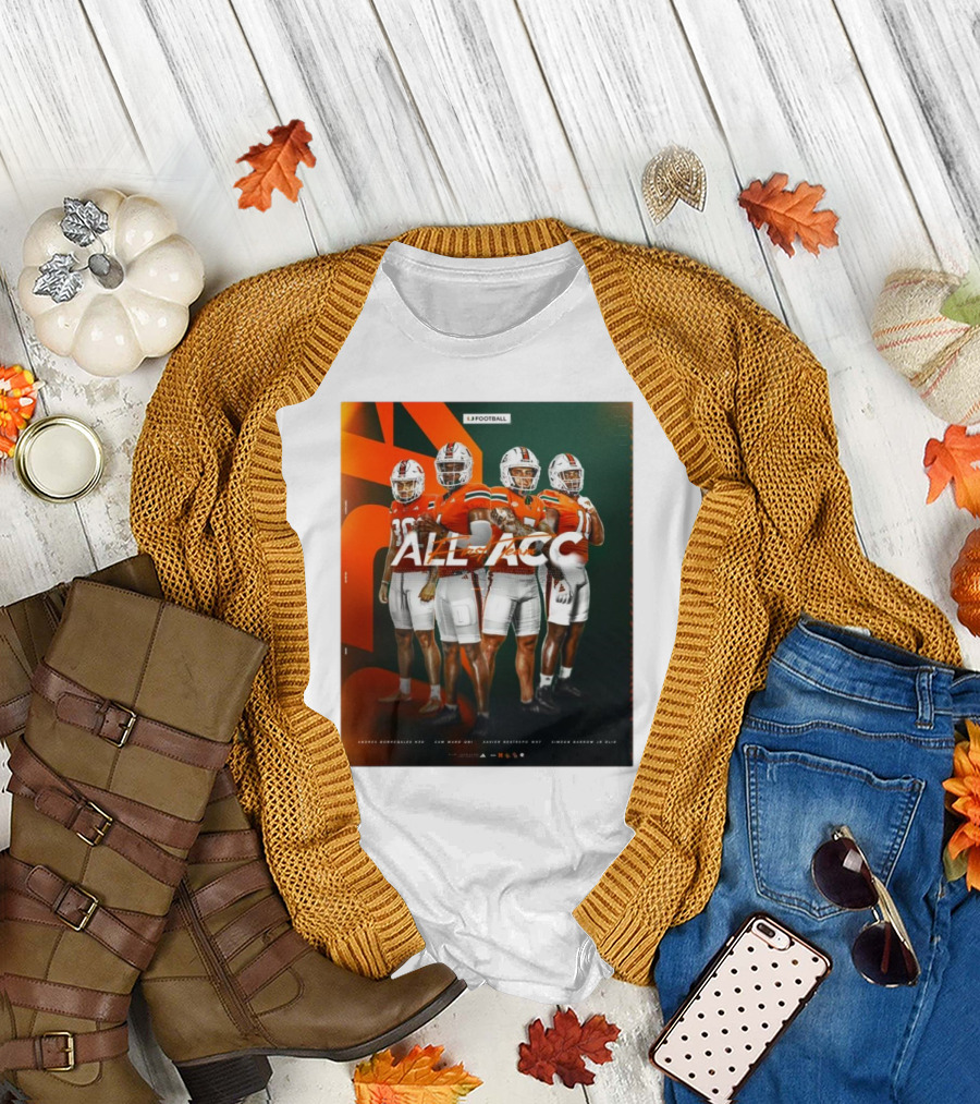 Miami Hurricanes Tyler Van Dyke, Kamren Kinchens, Xavier Restrepo, Simeon Harris All-ACC Football Honors T-Shirt