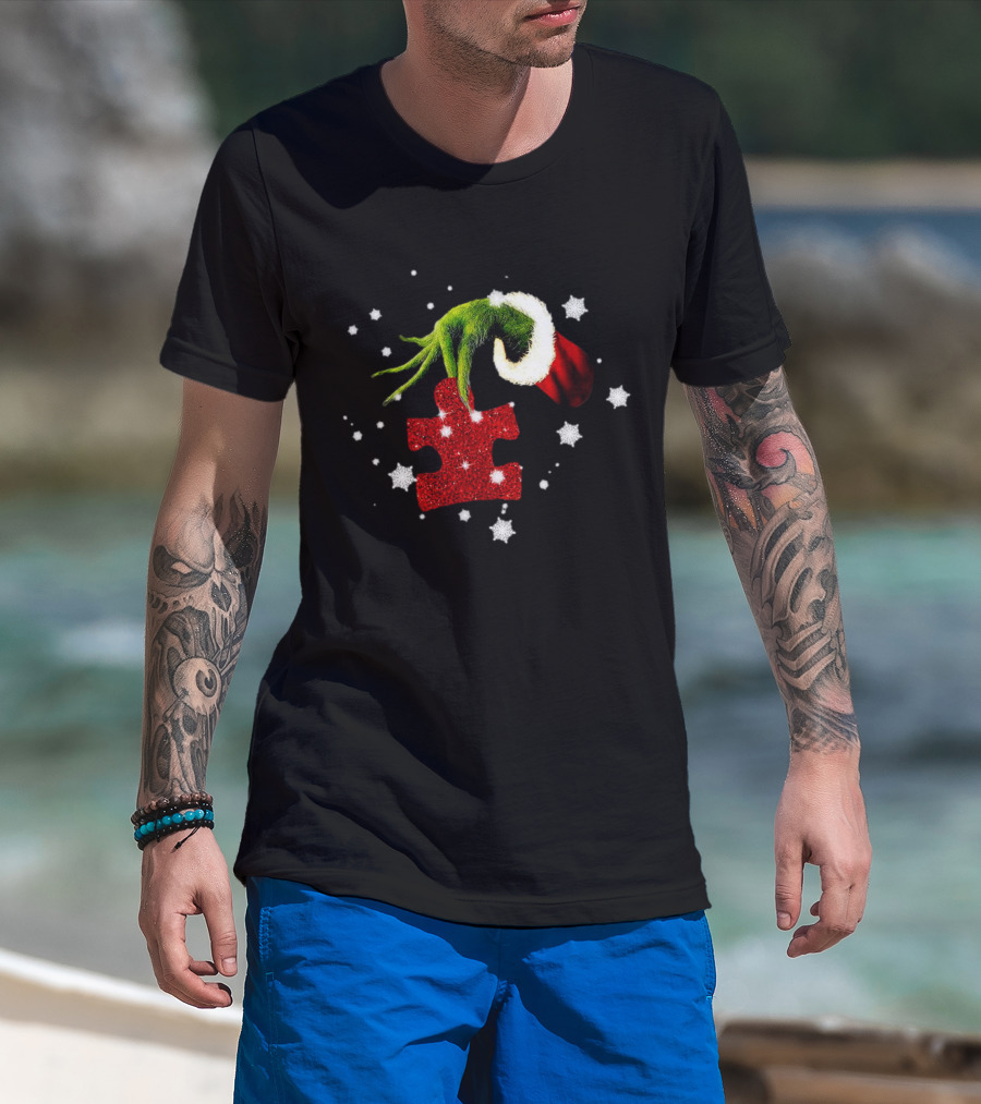 Grinch Hand Holding Red Glitter Puzzle Piece Autism Christmas Snowflakes T-Shirt