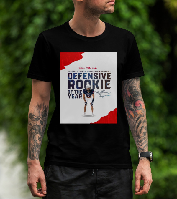 Coastal Athletic Association Football Defensive Rookie Of The Year Matthew Traynor Signature Richmond #2 Red Blue White Football Graphics T-Shirt