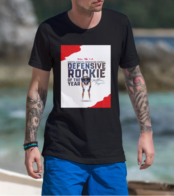 Coastal Athletic Association Football Defensive Rookie Of The Year Matthew Traynor Signature Richmond #2 Red Blue White Football Graphics T-Shirt