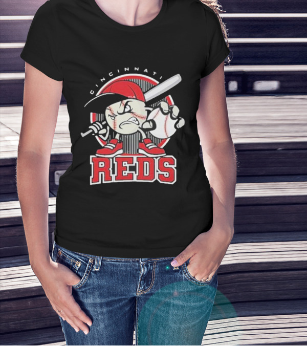 Cincinnati Reds Retro Baseball Character With Cap And Bat T-Shirt