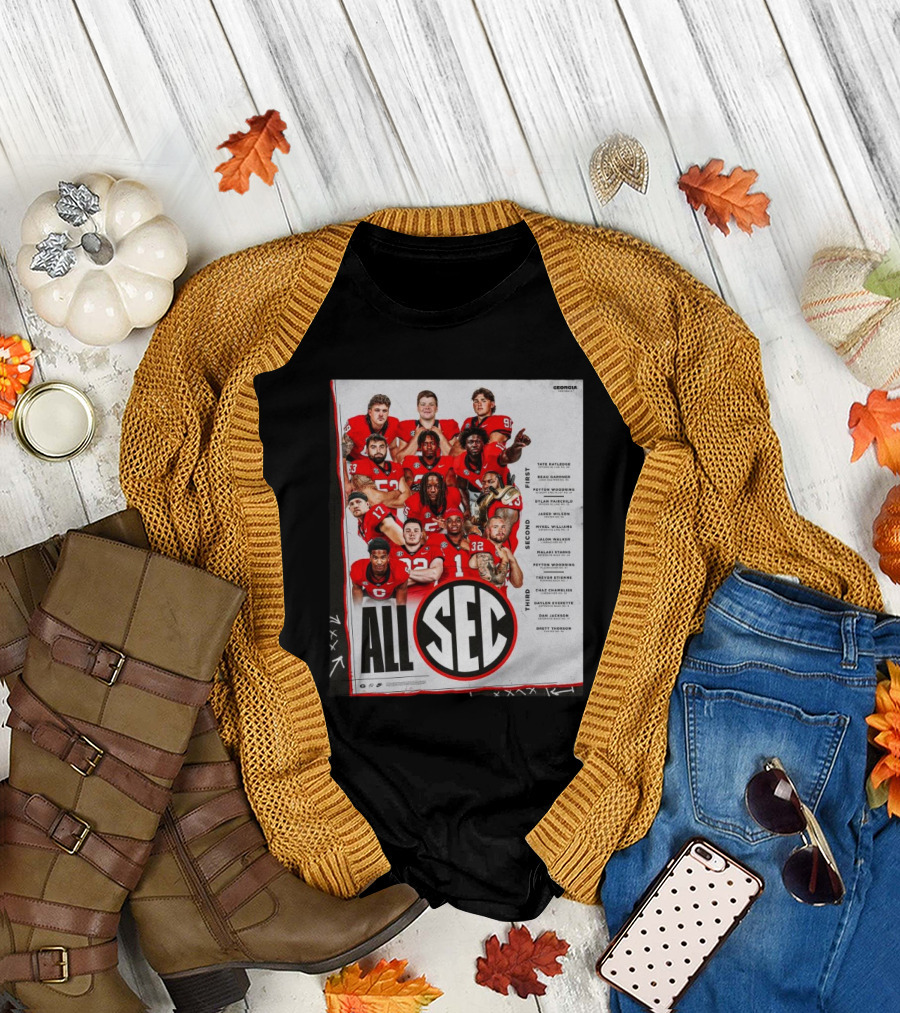 Georgia Bulldogs 2024 Football All SEC First Team Tate Ratledge Beau Gardner Peyton Woodring T-Shirt