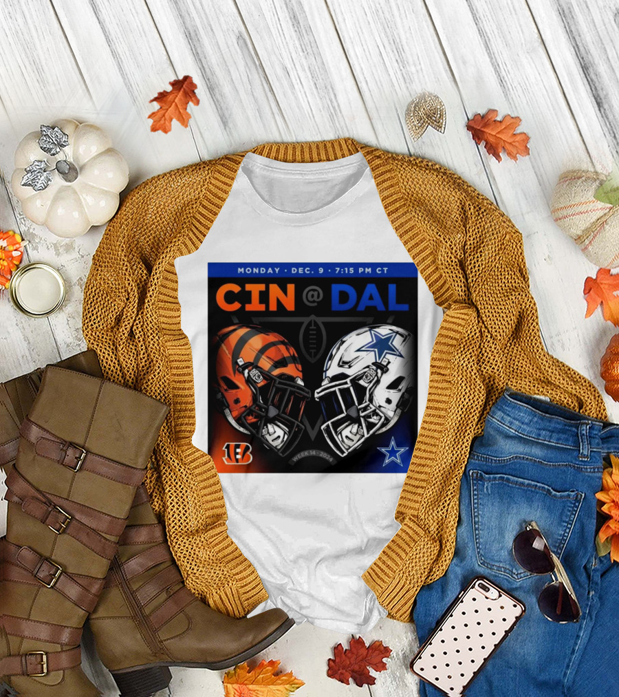CIN vs DAL Week 14 Monday Dec 9 2024 7:15 PM CT Helmets NFL Cincinnati Bengals Dallas Cowboys T-Shirt