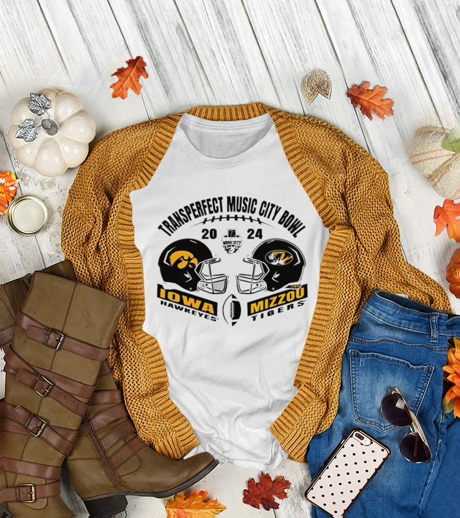Transperfect Music City Bowl 2024 Iowa Hawkeyes Vs Mizzou Tigers Helmet Matchup T-Shirt