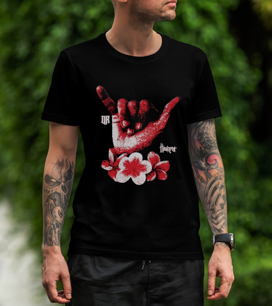 DR Huskers Shaka Hand Red And White Flowers T-Shirt