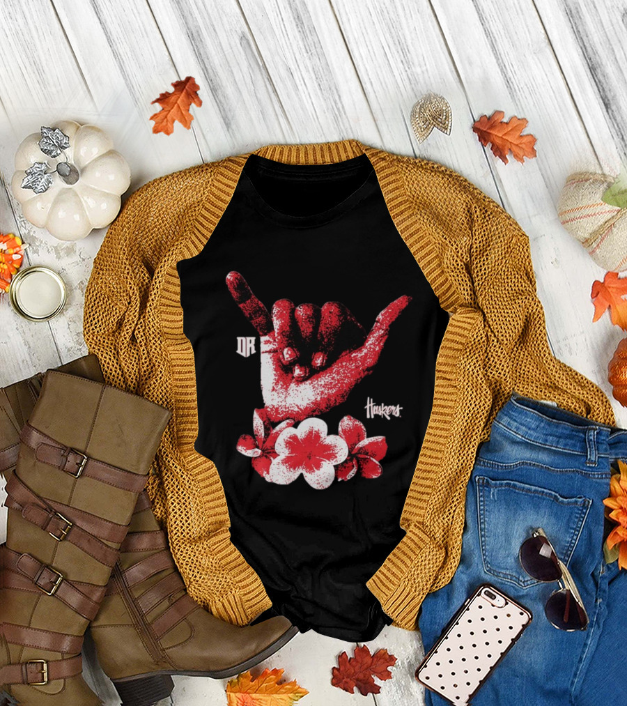 DR Huskers Shaka Hand Red and White Flowers T-Shirt
