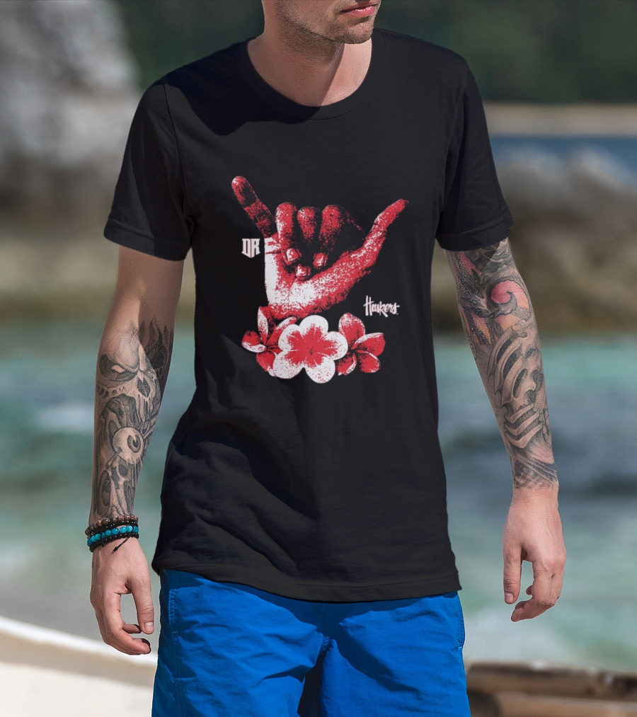 DR Huskers Shaka Hand Red And White Flowers T-Shirt