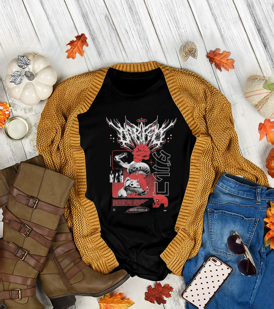 Darko Band Raffle 2024 Snake Skull Graphics with Japanese Text and Red Rose T-Shirt