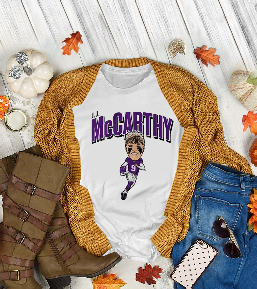 J.J. McCarthy 9 Running Quarterback Caricature T-Shirt