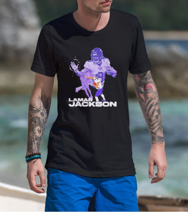 Lamar Jackson Baltimore Ravens NFL Stiff Arm Dynamic Action Play T-Shirt