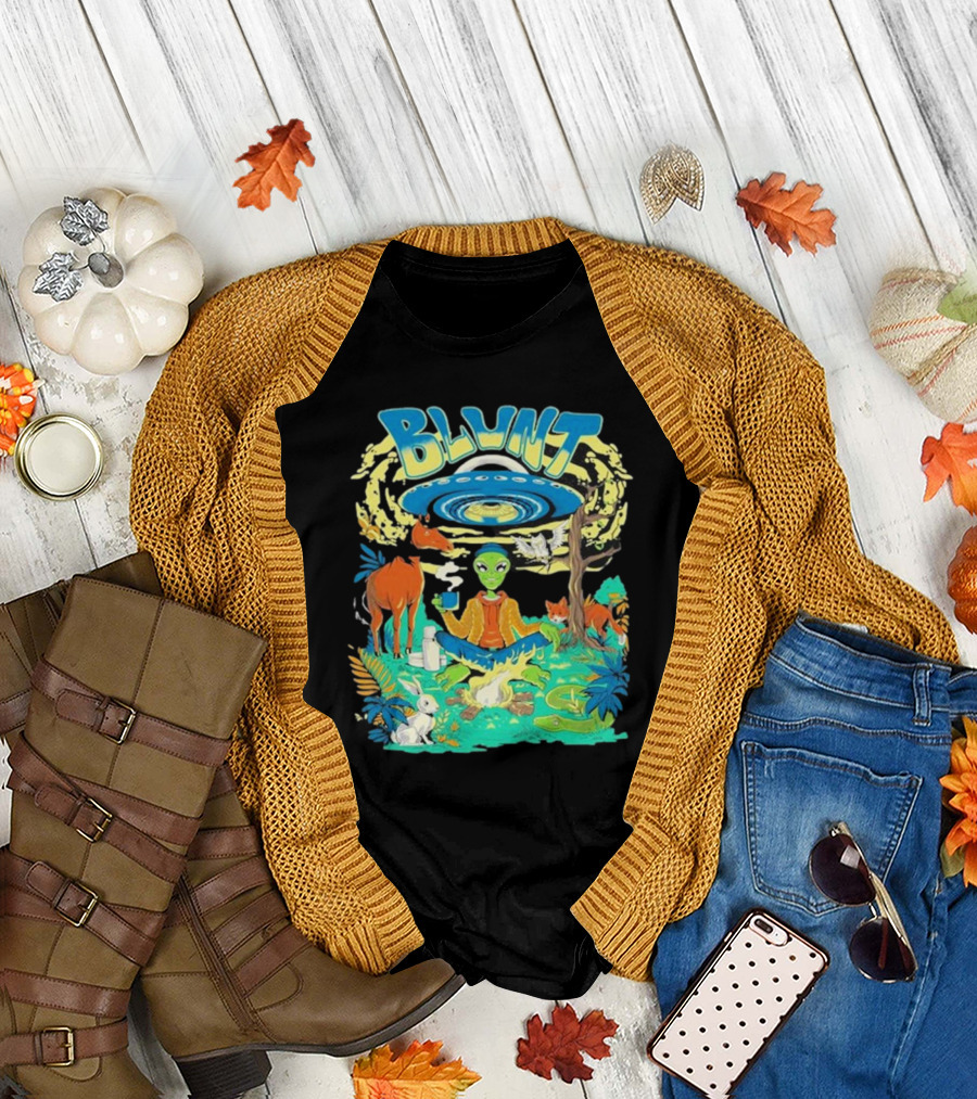 Blunt UFO Alien Smoking Forest Scene T-Shirt