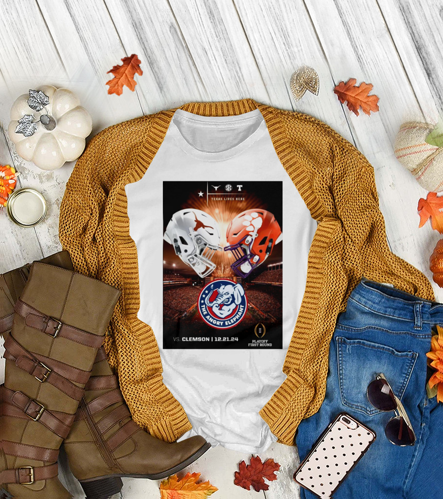 Texas Longhorns Vs Clemson Tigers The Angry Elephant Playoff First Round 12.21.24 T-Shirt