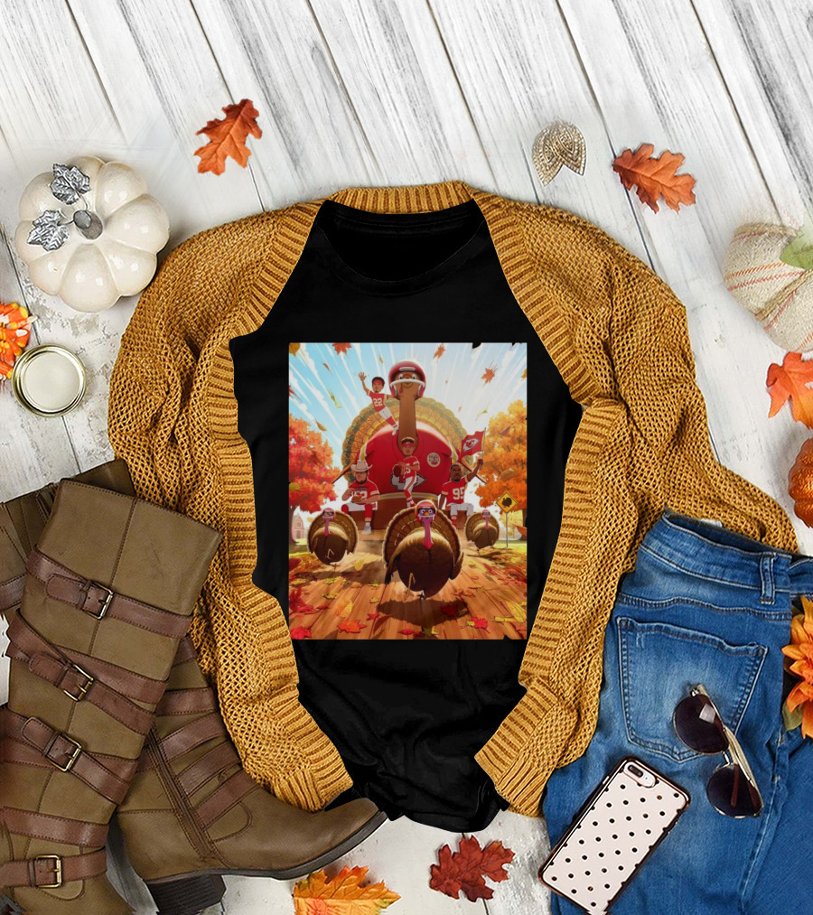 Kansas City Chiefs Kingdom Thanksgiving Celebration with Turkey Players and Fall Leaves T-Shirt