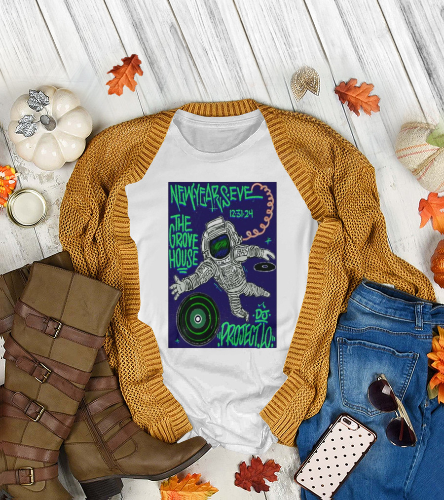 New Year's Eve 12-31-24 The Grove House DJ Project Lo Astronaut and Vinyl Record T-Shirt