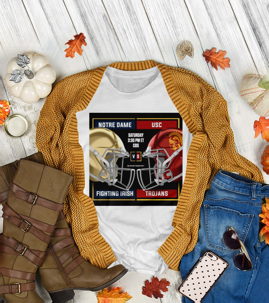 Notre Dame Fighting Irish Vs USC Trojans Saturday 3:30 PM ET CBS Helmet Matchup T-Shirt