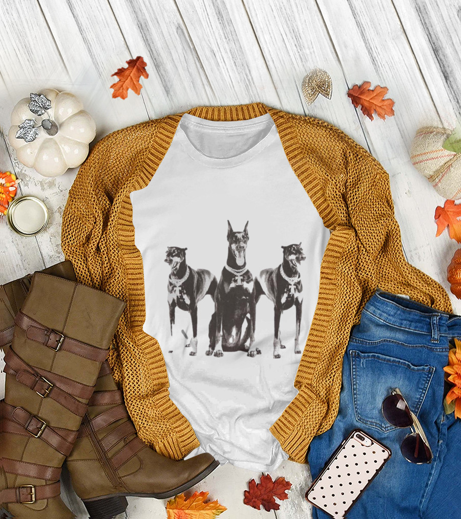 Doberman Dogs Trio in Black and White with Chain Collars T-Shirt