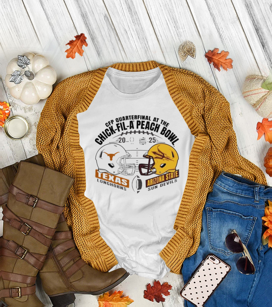 Texas Longhorns vs Arizona State Sun Devils 2025 CFP Quarterfinal at Chick-Fil-A Peach Bowl Helmet Matchup T-Shirt