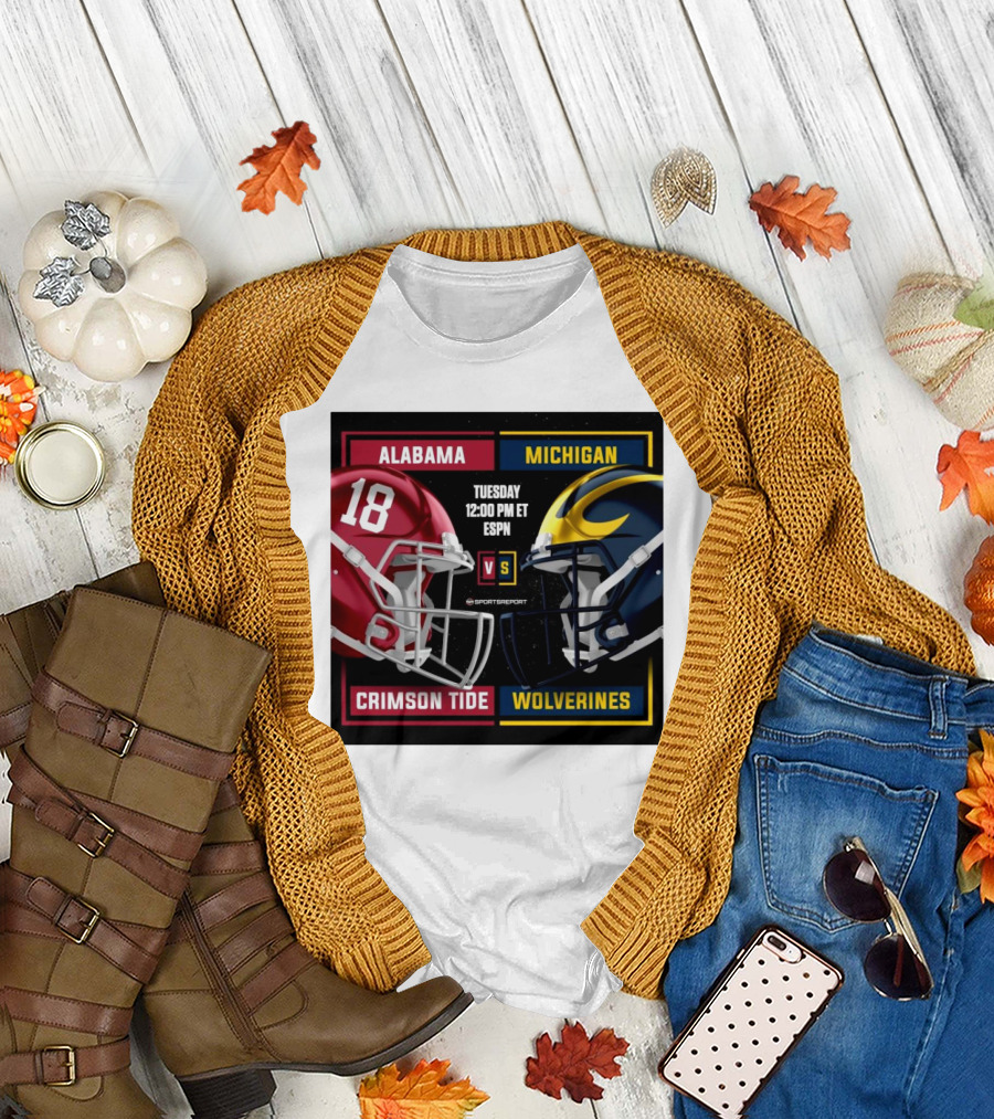 Alabama Crimson Tide vs Michigan Wolverines Tuesday 12:00 PM ET ESPN Helmet Matchup T-Shirt