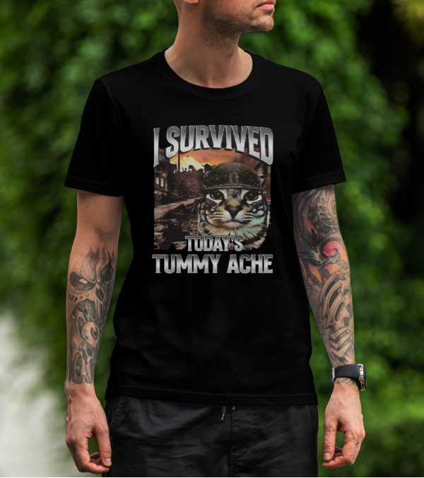 I Survived Today’s Tummy Ache Cat In Soldier Helmet With Warzone Background T-Shirt