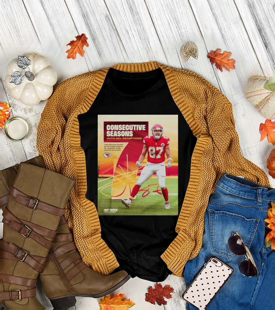 Consecutive Seasons With 90+ Receptions Kansas City Chiefs Travis Kelce Signature NFL Record Football Player Sports Red Jersey Image T-Shirt