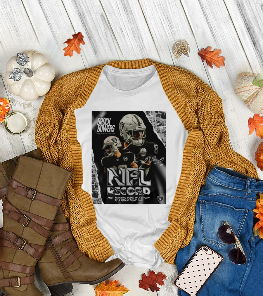 Brock Bowers Las Vegas Raiders NFL Record Most Receiving Yards In A Season By A Rookie Tight End Signature T-Shirt