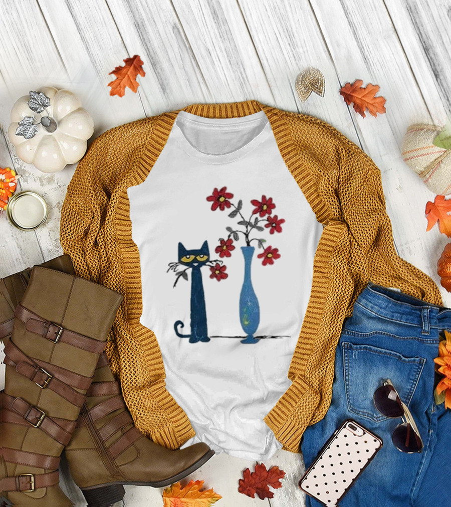 Pete The Cat and Red Flowers in Blue Vase T-Shirt