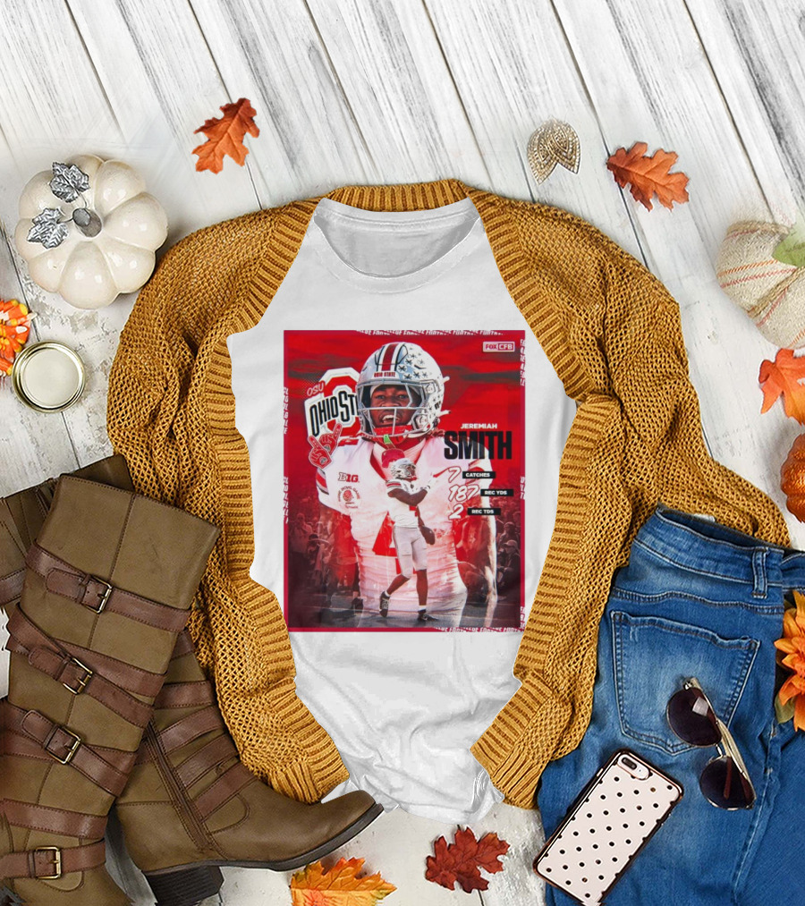 Jeremiah Smith Ohio State Buckeyes CFP Quarterfinals 7 Catches 187 Rec YDs 2 Rec TDs Fox CFB OhioST OSU Big Ten T-Shirt