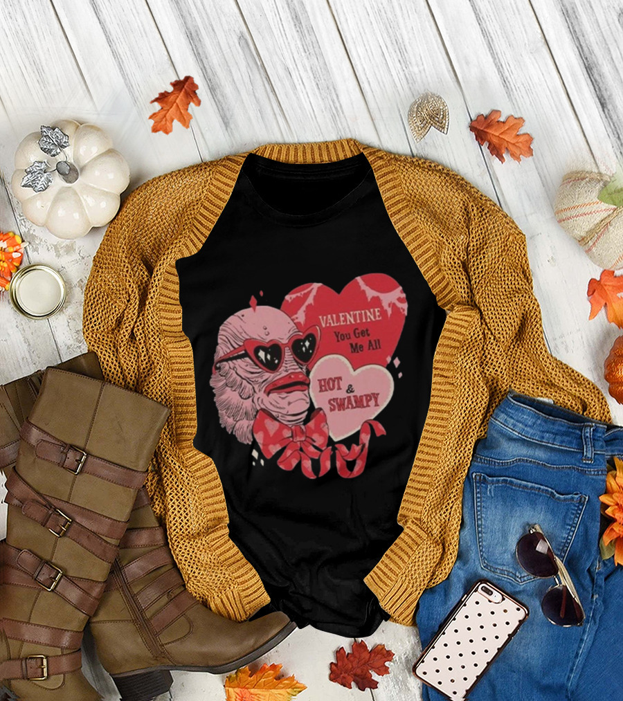 Valentine You Get Me All Hot and Swampy Creature with Heart Sunglasses and Bow Tie T-Shirt