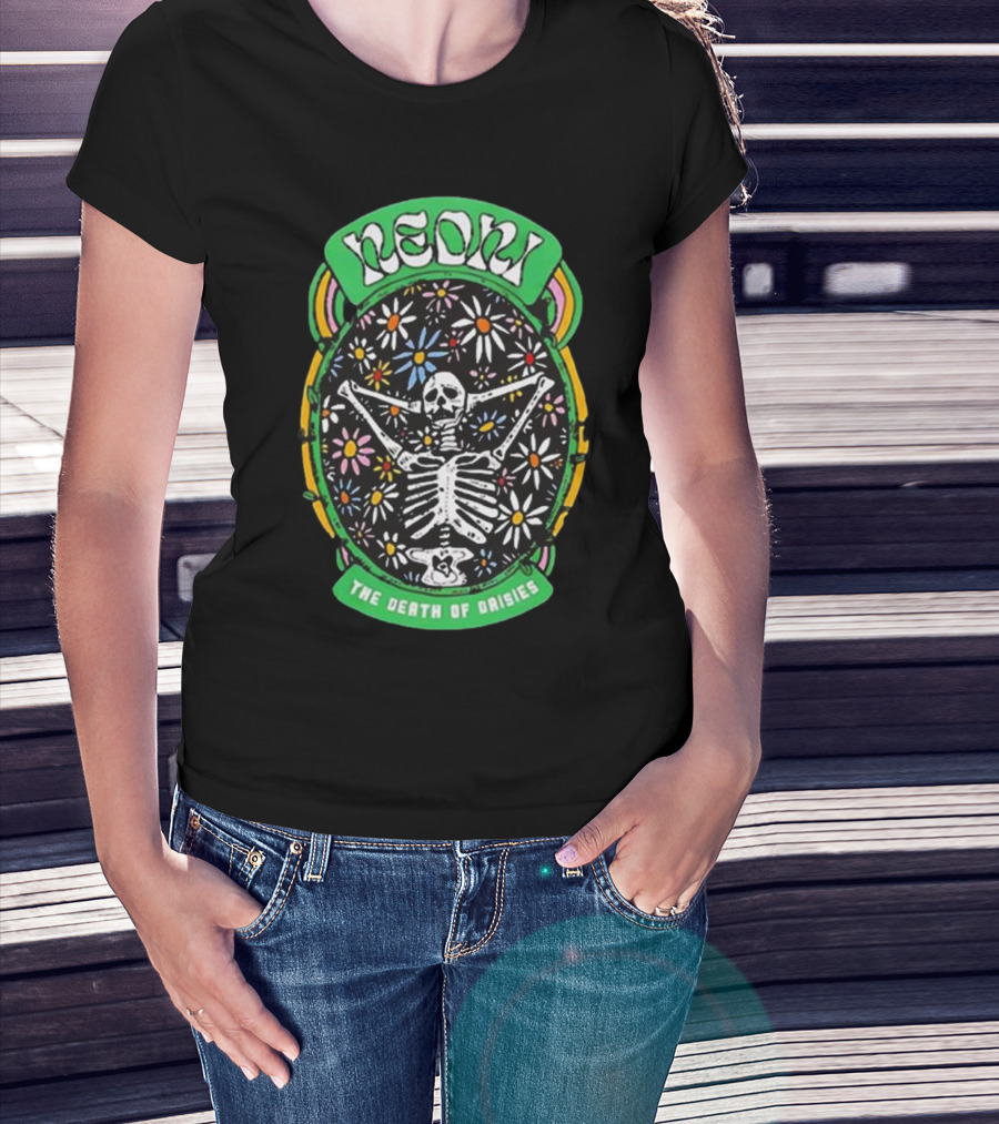 Neon The Death Of Daisies Skeleton Surrounded By Flowers T-Shirt