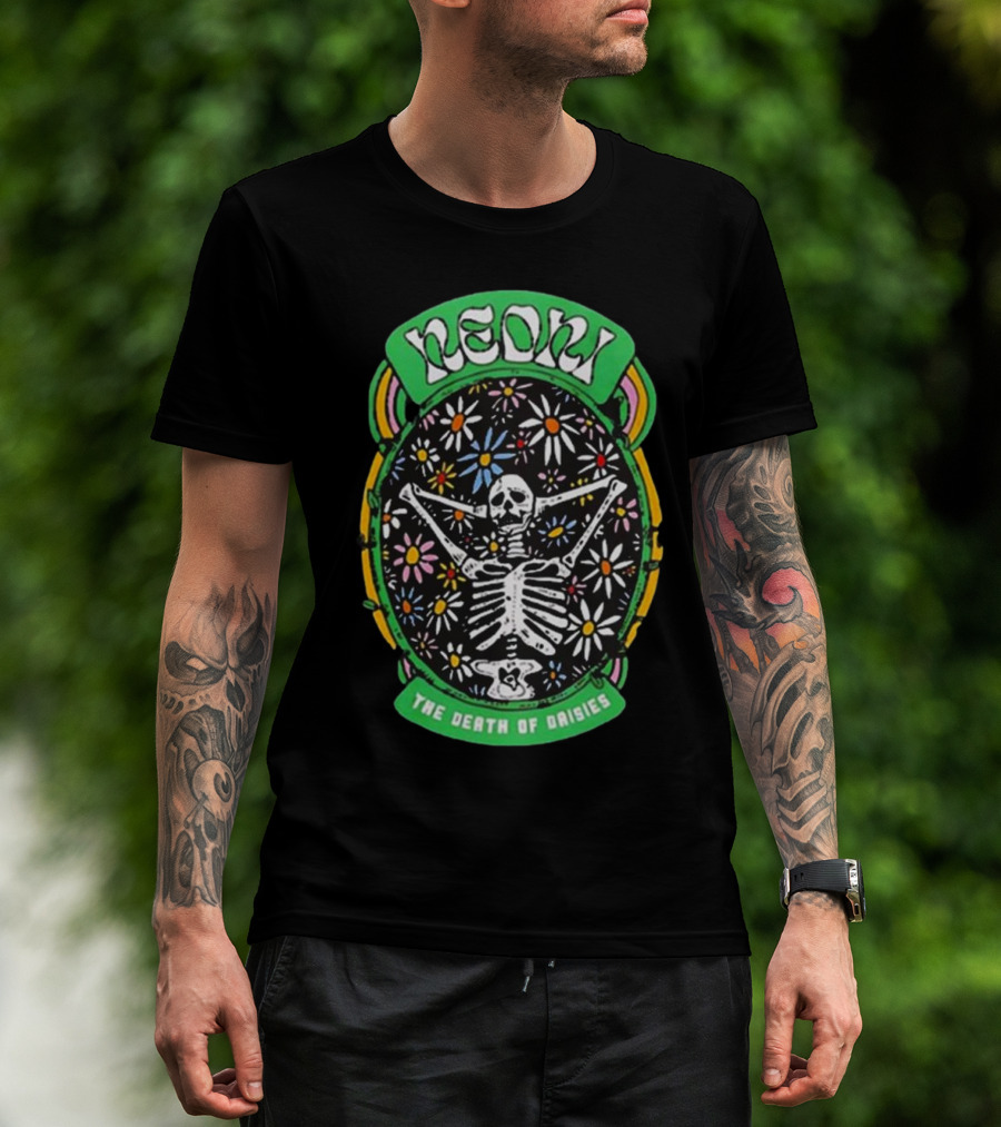 Neon The Death Of Daisies Skeleton Surrounded By Flowers T-Shirt