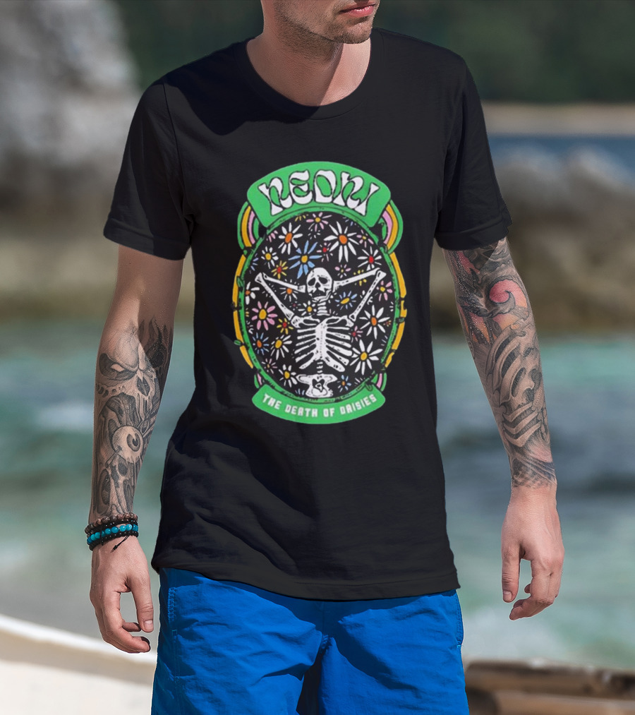 Neon The Death Of Daisies Skeleton Surrounded By Flowers T-Shirt