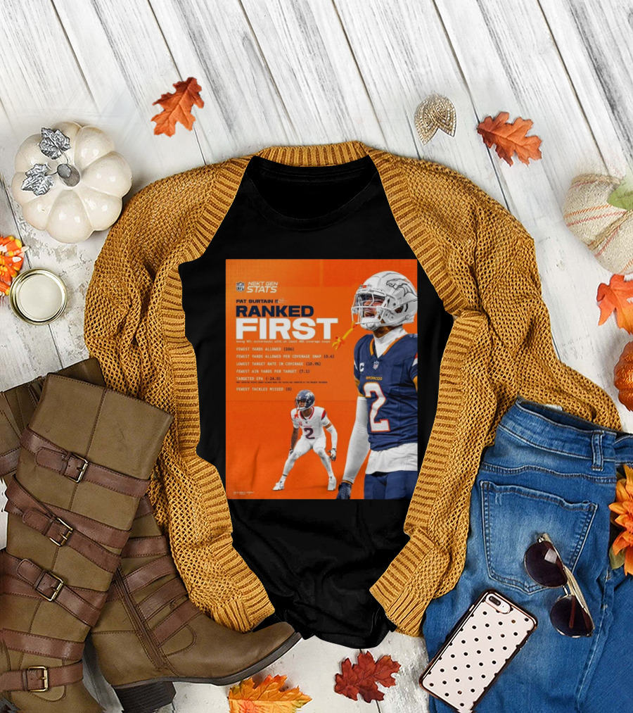 Denver Broncos Pat Surtain II Ranked First NFL Next Gen Stats Fewest Yards Allowed 306 Coverage Snap 0.6 T-Shirt