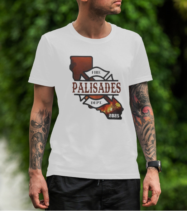 California Republic Fire Palisades Dept 2025 Map Silhouette With Flames T-Shirt