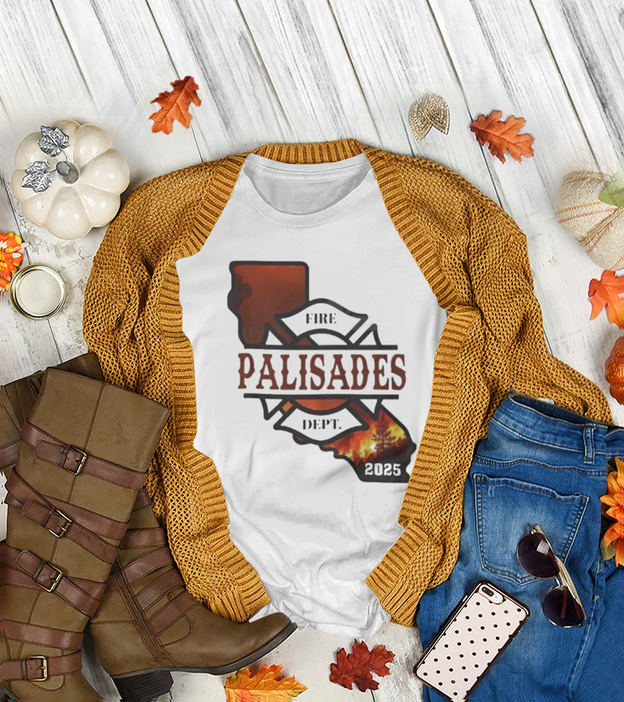 California Republic Fire Palisades Dept 2025 Map Silhouette with Flames T-Shirt