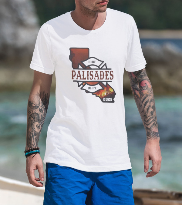 California Republic Fire Palisades Dept 2025 Map Silhouette With Flames T-Shirt