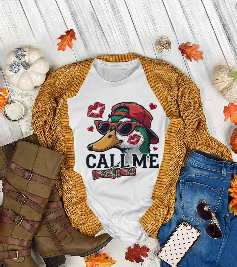 Call Me Valentine Mallard Duck in Sunglasses and Red Cap Surrounded by Hearts and Kisses T-Shirt