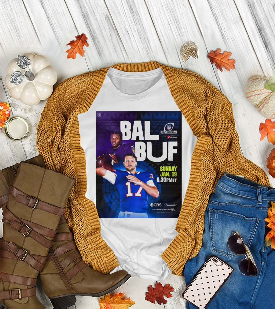 Baltimore Ravens vs Buffalo Bills NFL Divisional Playoffs Sunday Jan 19 2025 6:30PM ET on CBS and Paramount+ T-Shirt