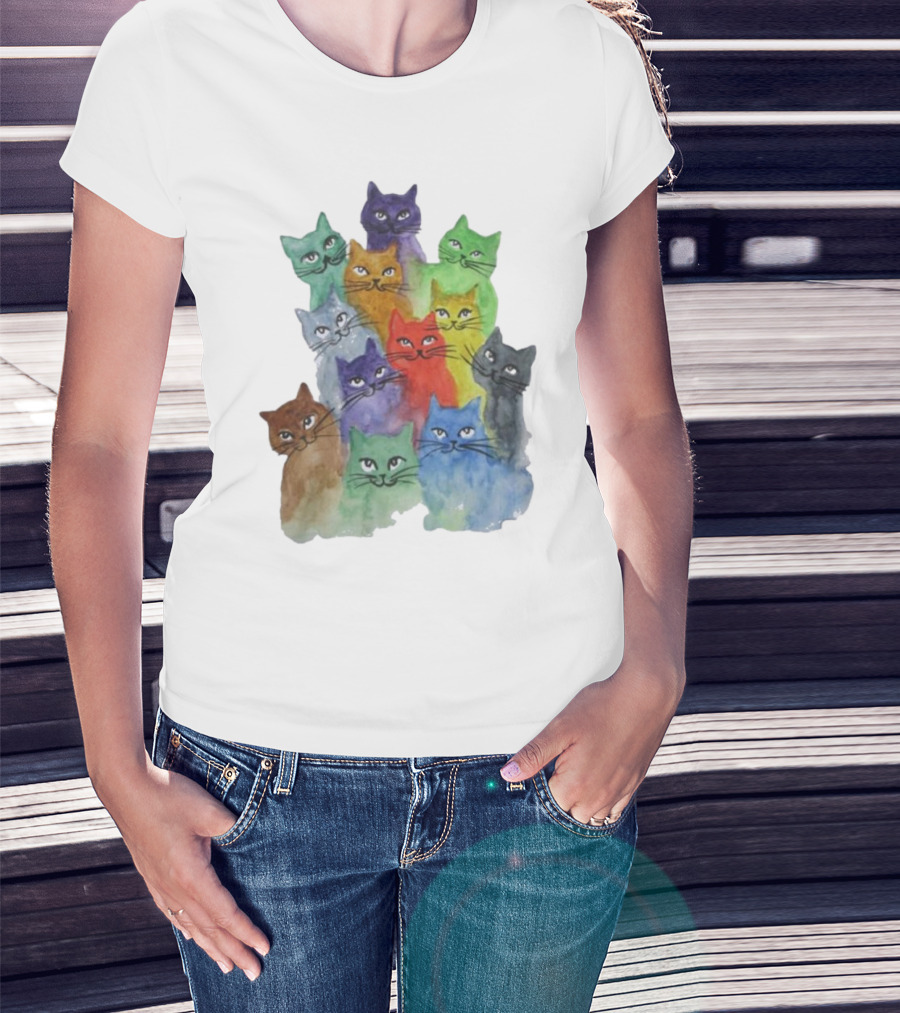 Cats All Around Colorful Watercolor Feline Faces T-Shirt