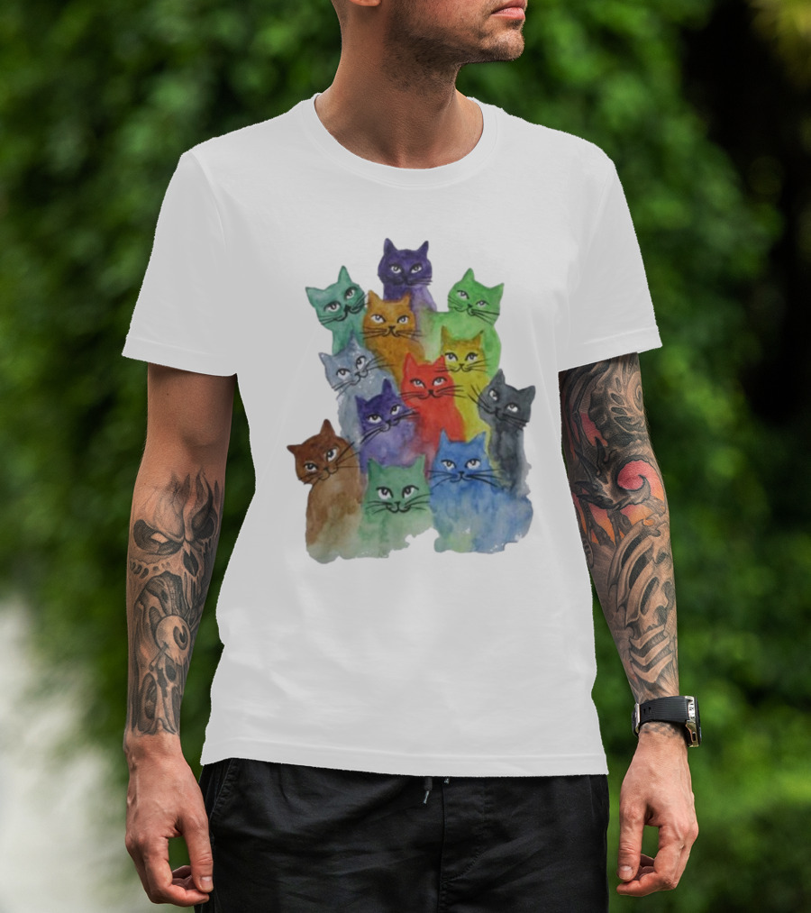 Cats All Around Colorful Watercolor Feline Faces T-Shirt