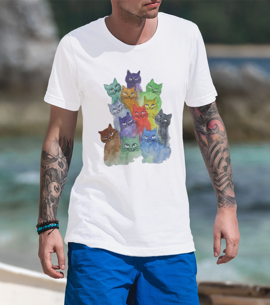 Cats All Around Colorful Watercolor Feline Faces T-Shirt