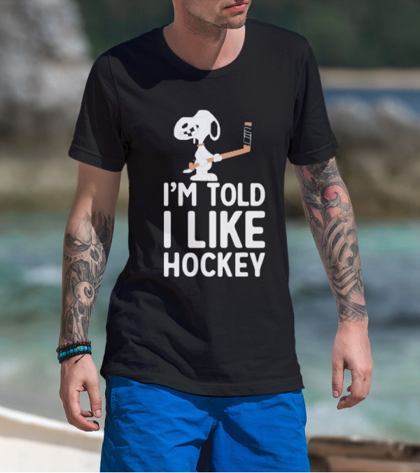Snoopy I'm Told I Like Hockey Peanuts Comic Hockey Stick T-Shirt