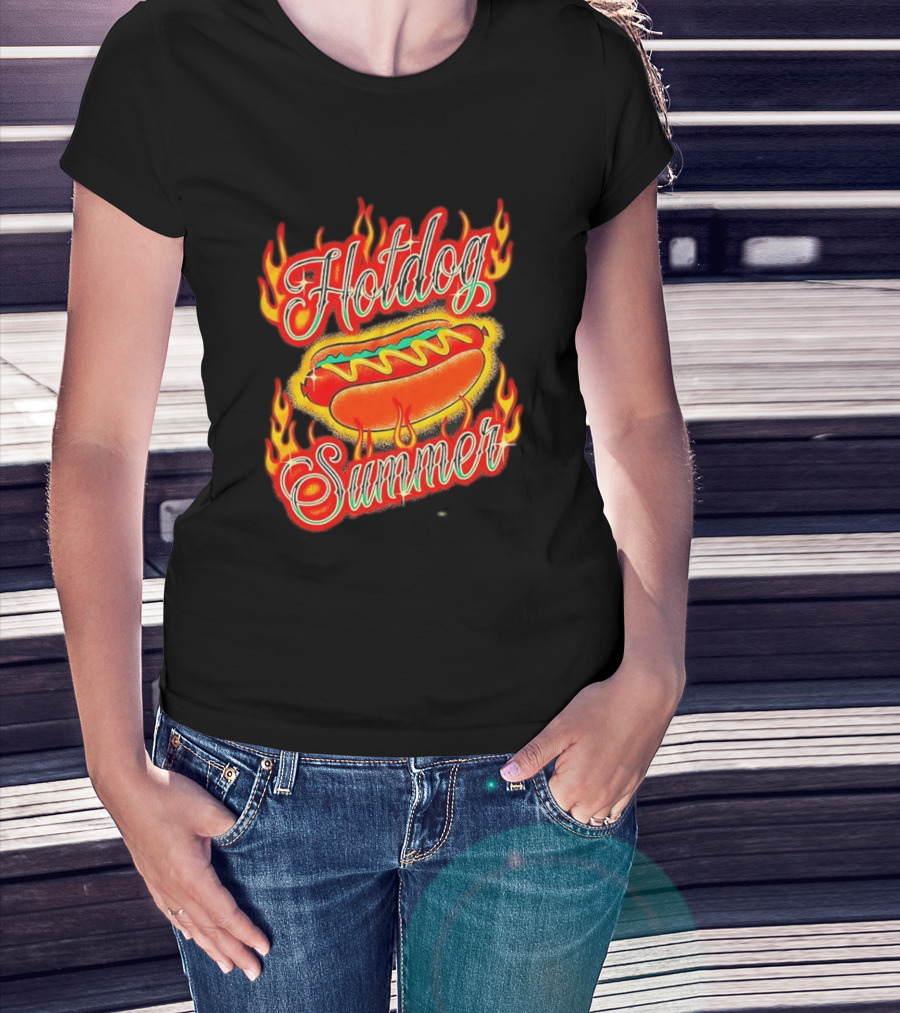 Hotdog Summer Flaming Hotdog Graphic With Fiery Flames T-Shirt