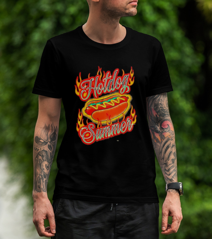 Hotdog Summer Flaming Hotdog Graphic With Fiery Flames T-Shirt