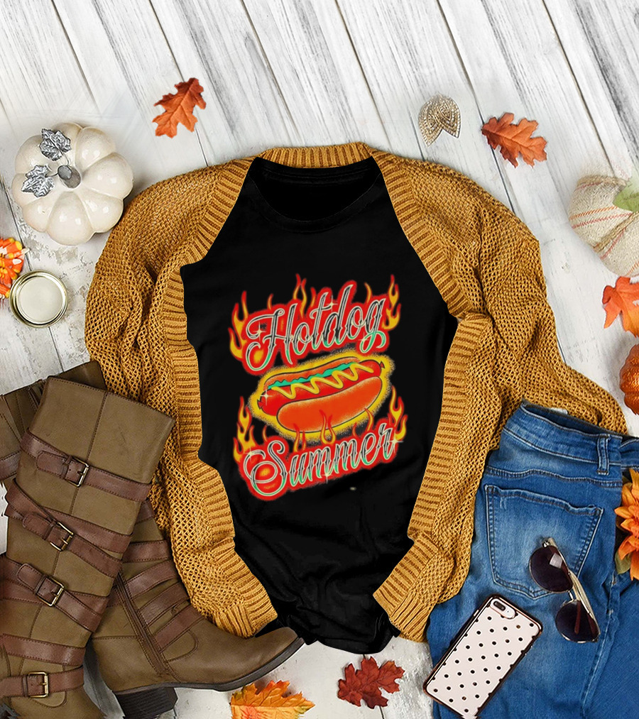 Hotdog Summer Flaming Hotdog Graphic with Fiery Flames T-Shirt