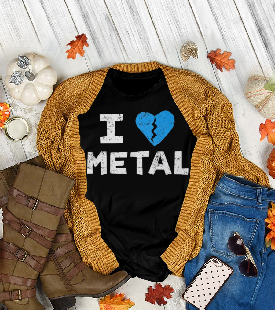 I Love Metal Broken Heart Blue Distressed Text T-Shirt